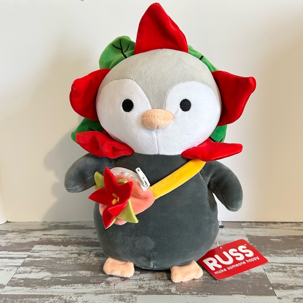 RUSS Holiday Penguin Plush With Poinsettia Flower Head And‎ Zip Satchel Jazwares